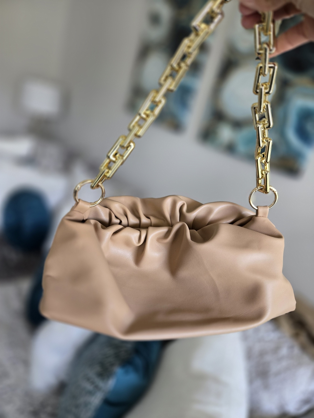 Beige Soft Ruched Shoulder Bag with Gold Chain - Picture 4 of 6